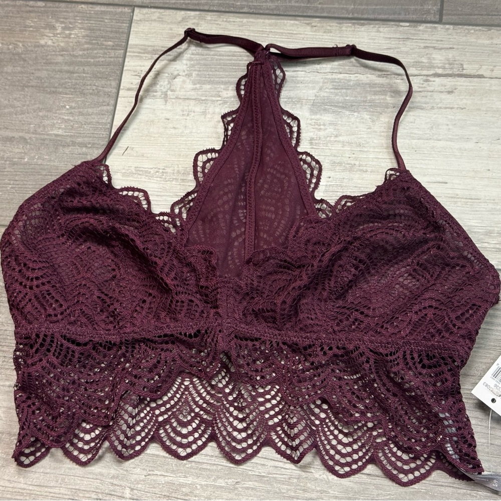 Aerie lace racer back bralette size small burgundy sheer NWT